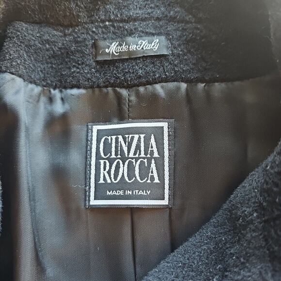 Cinzia Rocca Italy Black 100% Lana Wool Women's Belted Coat Jacket Size 12 - Picture 3 of 7
